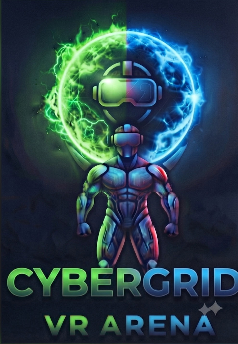 CyberGrid VR arena champion standing before a cyan and green energy ring